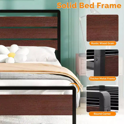 Cadre de lit Karl Home avec éclairage LED et station de recharge, lit plateforme en métal avec tête de lit en bois, sommier tapissier non requis