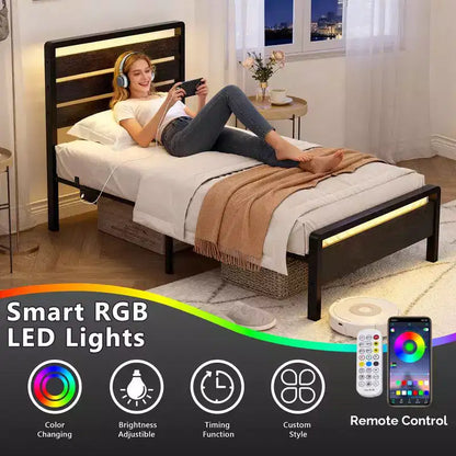 Cadre de lit Karl Home avec éclairage LED et station de recharge, lit plateforme en métal avec tête de lit en bois, sommier tapissier non requis