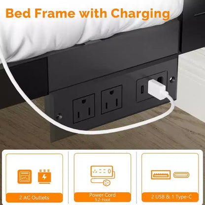 Cadre de lit Karl Home avec éclairage LED et station de recharge, lit plateforme en métal avec tête de lit en bois, sommier tapissier non requis