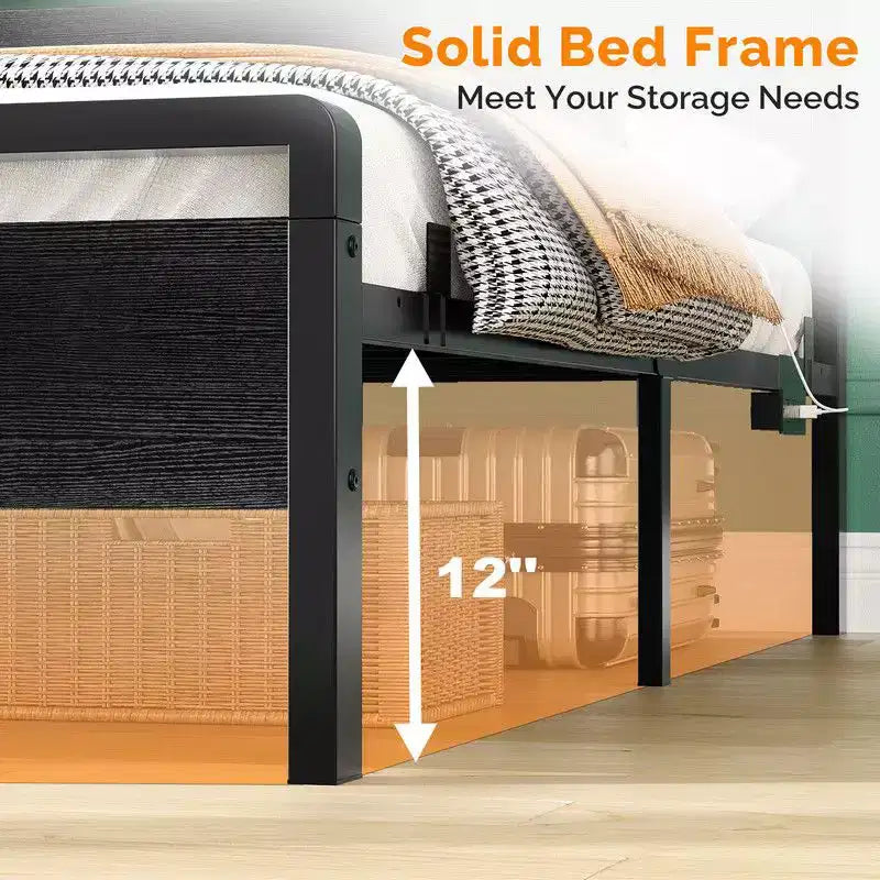 Cadre de lit Karl Home avec éclairage LED et station de recharge, lit plateforme en métal avec tête de lit en bois, sommier tapissier non requis