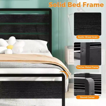 Cadre de lit Karl Home avec éclairage LED et station de recharge, lit plateforme en métal avec tête de lit en bois, sommier tapissier non requis