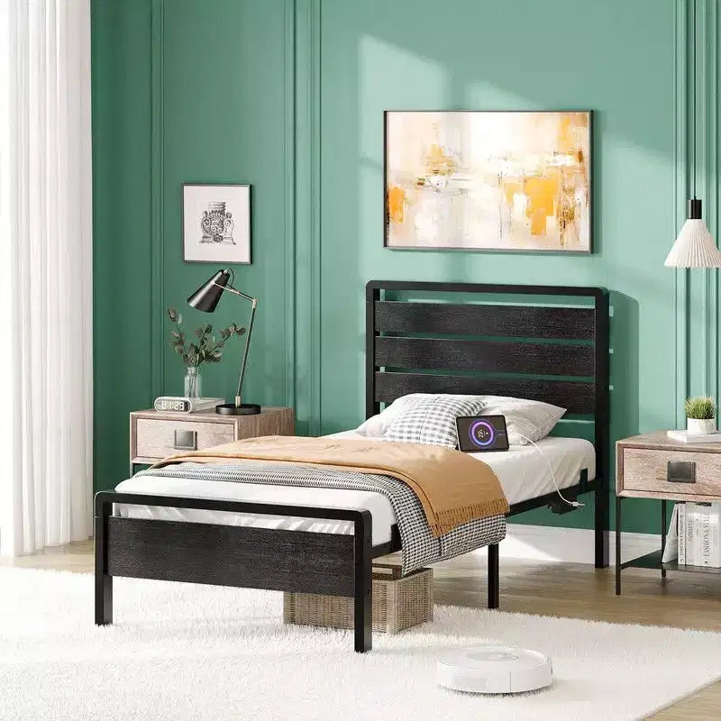 Karl Home Bed Frame with LED Light and Charging Station, Metal Platform Bed with Wood Headboard, No Box Spring Needed