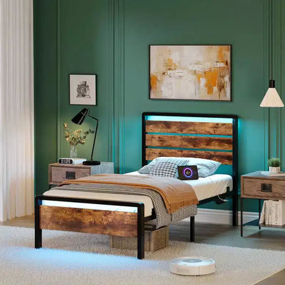 Cadre de lit Karl Home avec éclairage LED et station de recharge, lit plateforme en métal avec tête de lit en bois, sommier tapissier non requis