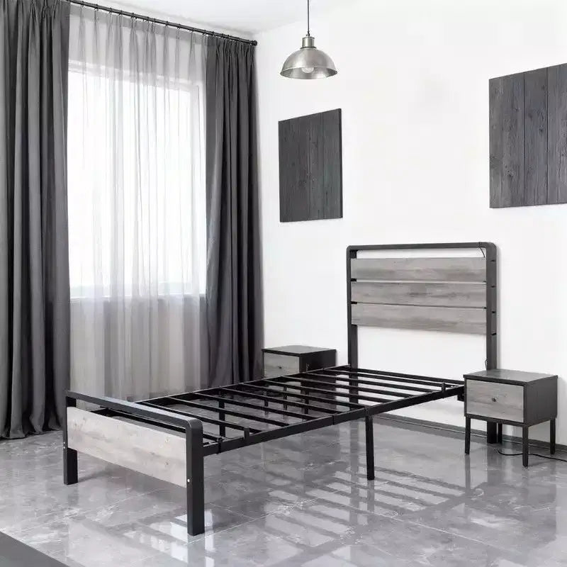 Cadre de lit Karl Home avec éclairage LED et station de recharge, lit plateforme en métal avec tête de lit en bois, sommier tapissier non requis