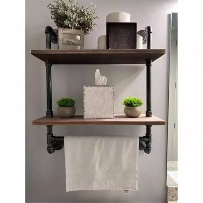 Industrial Pipe Shelf 2 Tiered Metal Towel Racks Bathroom 20 Inch Rustic Wood Wall Mount Shelf with Bar Iron Towel Holder