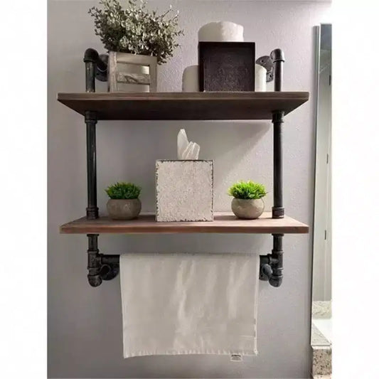 Industrial Pipe Shelf 2 Tiered Metal Towel Racks Bathroom 20 Inch Rustic Wood Wall Mount Shelf with Bar Iron Towel Holder