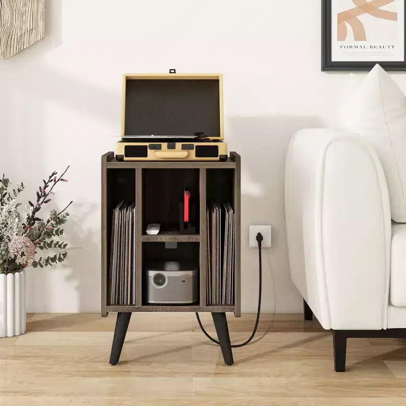 Meuble de support pour tourne-disque Costway avec station de charge et ports USB, table d'appoint avec armoire de rangement pour vinyles, étagère de présentation d'albums pour platine vinyle marron/gris