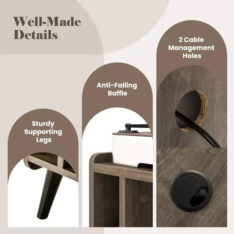 Meuble de support pour tourne-disque Costway avec station de charge et ports USB, table d'appoint avec armoire de rangement pour vinyles, étagère de présentation d'albums pour platine vinyle marron/gris