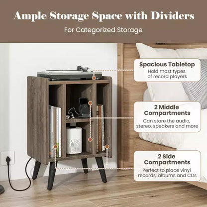 Meuble de support pour tourne-disque Costway avec station de charge et ports USB, table d'appoint avec armoire de rangement pour vinyles, étagère de présentation d'albums pour platine vinyle marron/gris