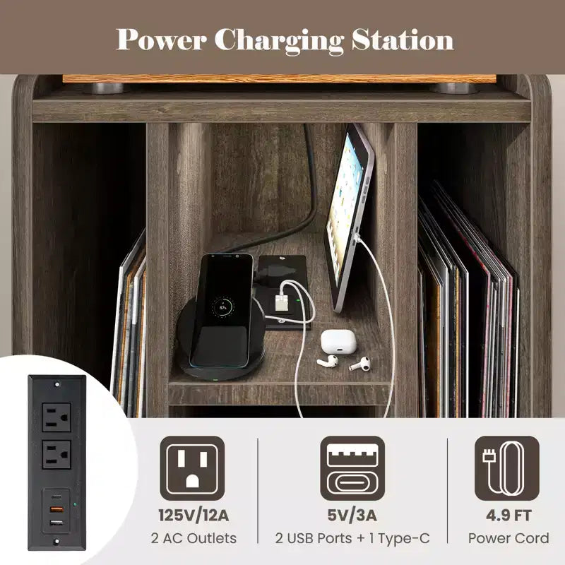 Meuble de support pour tourne-disque Costway avec station de charge et ports USB, table d'appoint avec armoire de rangement pour vinyles, étagère de présentation d'albums pour platine vinyle marron/gris