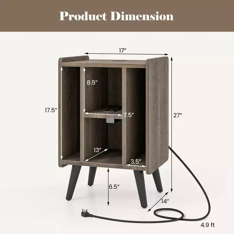 Meuble de support pour tourne-disque Costway avec station de charge et ports USB, table d'appoint avec armoire de rangement pour vinyles, étagère de présentation d'albums pour platine vinyle marron/gris