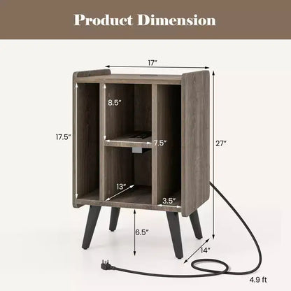 Meuble de support pour tourne-disque Costway avec station de charge et ports USB, table d'appoint avec armoire de rangement pour vinyles, étagère de présentation d'albums pour platine vinyle marron/gris