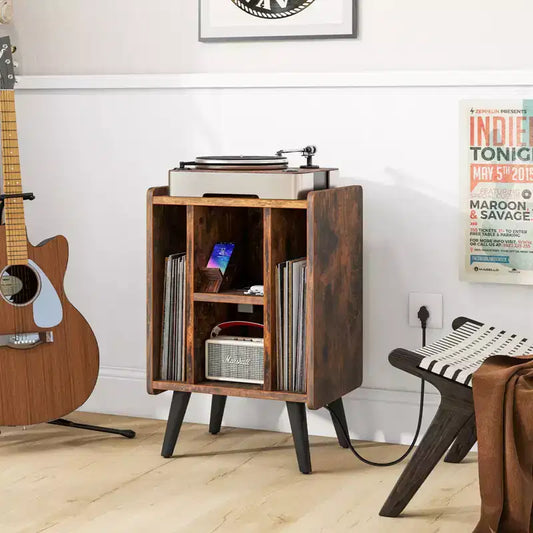 Meuble de support pour tourne-disque Costway avec station de charge et ports USB, table d'appoint avec armoire de rangement pour vinyles, étagère de présentation d'albums pour platine vinyle marron/gris