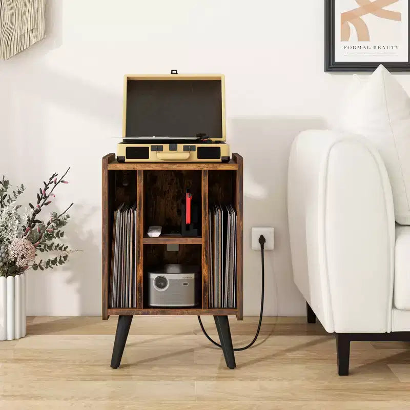 Meuble de support pour tourne-disque Costway avec station de charge et ports USB, table d'appoint avec armoire de rangement pour vinyles, étagère de présentation d'albums pour platine vinyle marron/gris