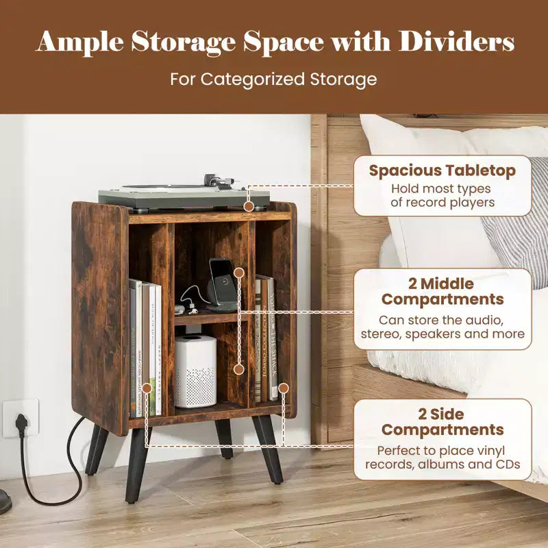 Meuble de support pour tourne-disque Costway avec station de charge et ports USB, table d'appoint avec armoire de rangement pour vinyles, étagère de présentation d'albums pour platine vinyle marron/gris