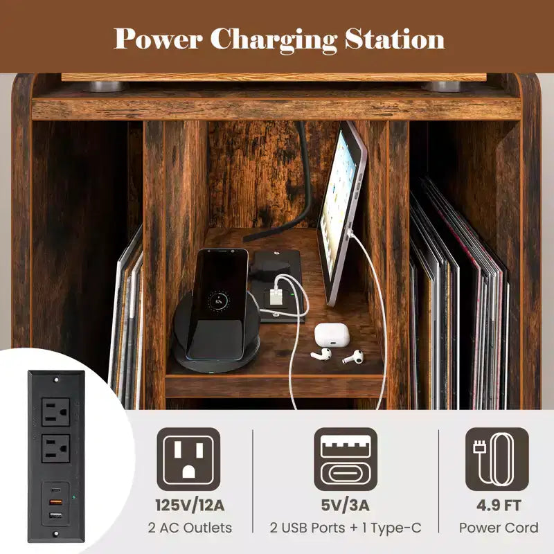 Meuble de support pour tourne-disque Costway avec station de charge et ports USB, table d'appoint avec armoire de rangement pour vinyles, étagère de présentation d'albums pour platine vinyle marron/gris