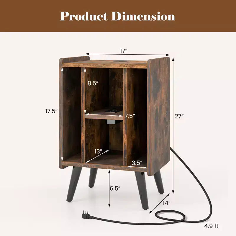 Meuble de support pour tourne-disque Costway avec station de charge et ports USB, table d'appoint avec armoire de rangement pour vinyles, étagère de présentation d'albums pour platine vinyle marron/gris