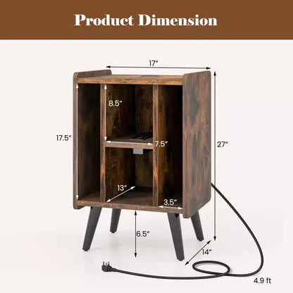 Meuble de support pour tourne-disque Costway avec station de charge et ports USB, table d'appoint avec armoire de rangement pour vinyles, étagère de présentation d'albums pour platine vinyle marron/gris