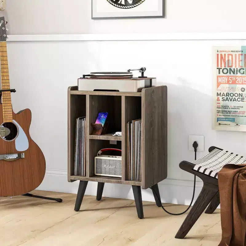 Meuble de support pour tourne-disque Costway avec station de charge et ports USB, table d'appoint avec armoire de rangement pour vinyles, étagère de présentation d'albums pour platine vinyle marron/gris