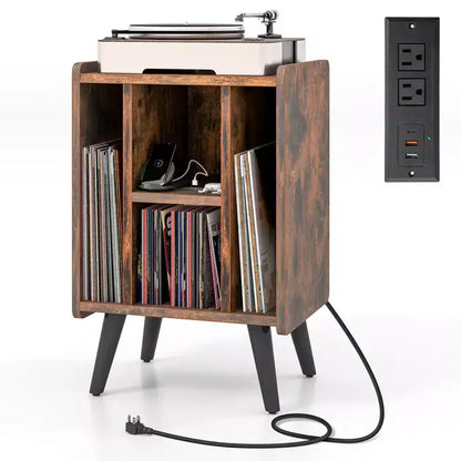 Costway Record Player Stand w/ Charging Station & USB Ports, Side Table w/ Vinyl Storage Cabinet, Album Display Shelf Turntable Brown/Grey