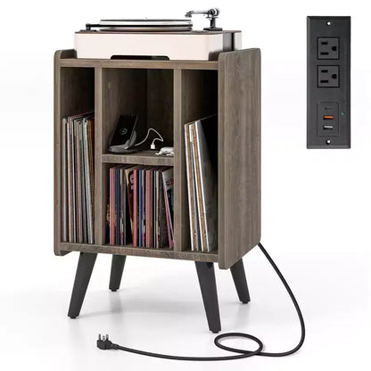 Meuble de support pour tourne-disque Costway avec station de charge et ports USB, table d'appoint avec armoire de rangement pour vinyles, étagère de présentation d'albums pour platine vinyle marron/gris