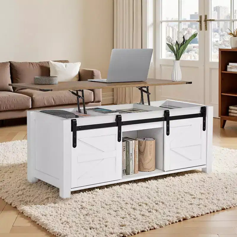 Table Basse Relevable de Ferme VEVOR 120 cm, Table Centrale Rustique avec Porte de Grange et Compartiment de Rangement Caché, Plateau Relevable Rectangulaire Moderne, Blanc