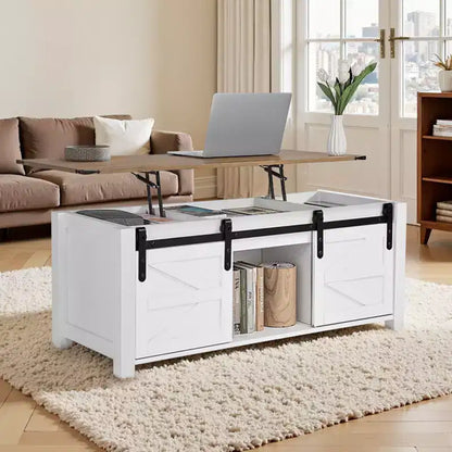 Table Basse Relevable de Ferme VEVOR 120 cm, Table Centrale Rustique avec Porte de Grange et Compartiment de Rangement Caché, Plateau Relevable Rectangulaire Moderne, Blanc