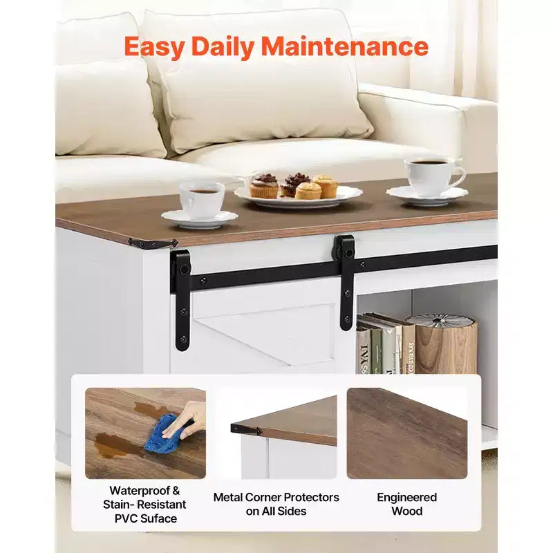 Table Basse Relevable de Ferme VEVOR 120 cm, Table Centrale Rustique avec Porte de Grange et Compartiment de Rangement Caché, Plateau Relevable Rectangulaire Moderne, Blanc