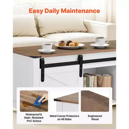 Table Basse Relevable de Ferme VEVOR 120 cm, Table Centrale Rustique avec Porte de Grange et Compartiment de Rangement Caché, Plateau Relevable Rectangulaire Moderne, Blanc
