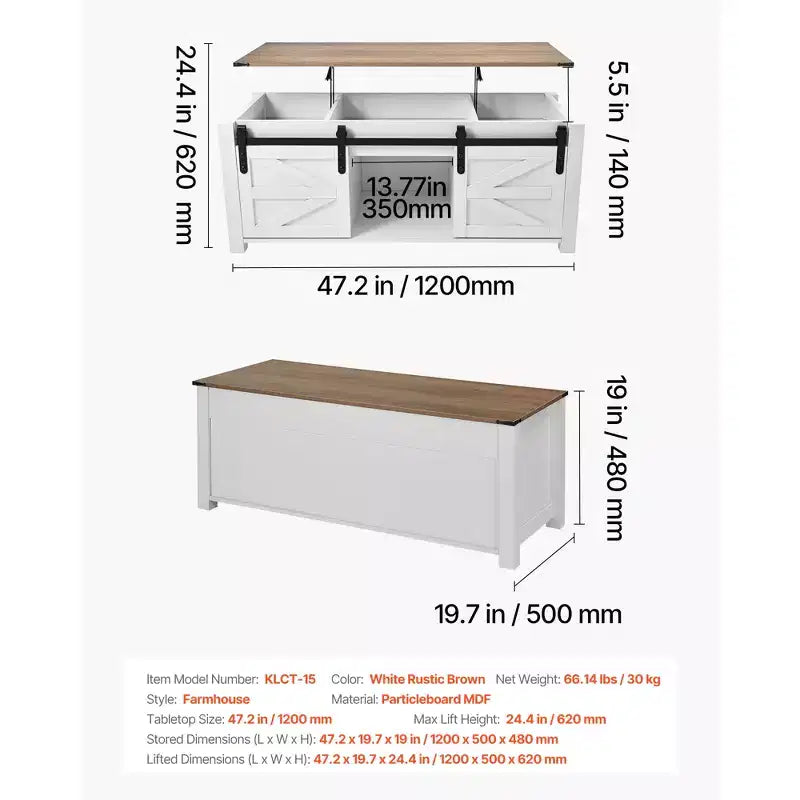Table Basse Relevable de Ferme VEVOR 120 cm, Table Centrale Rustique avec Porte de Grange et Compartiment de Rangement Caché, Plateau Relevable Rectangulaire Moderne, Blanc