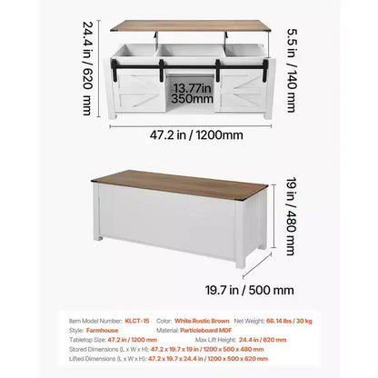 Table Basse Relevable de Ferme VEVOR 120 cm, Table Centrale Rustique avec Porte de Grange et Compartiment de Rangement Caché, Plateau Relevable Rectangulaire Moderne, Blanc