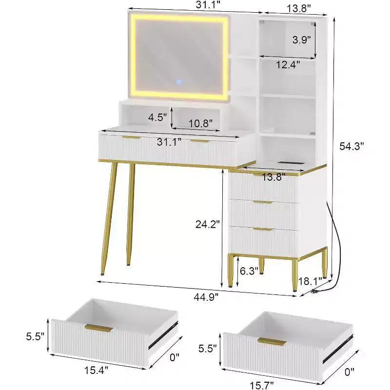 Coiffeuse moderne avec miroir LED et prises, table de maquillage à 5 tiroirs avec plateau en verre trempé et étagère de rangement pour chambre, blanc