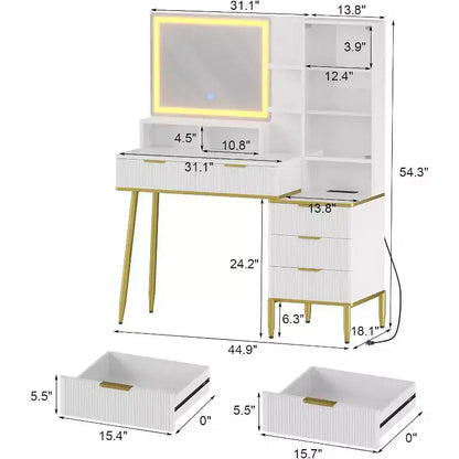 Coiffeuse moderne avec miroir LED et prises, table de maquillage à 5 tiroirs avec plateau en verre trempé et étagère de rangement pour chambre, blanc