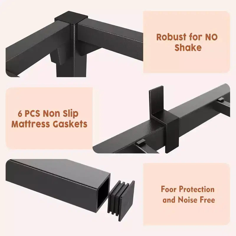Cadre de lit métallique robuste, Sommier solide, Montage facile et silencieux, Pas besoin de sommier tapissier pour les tailles King, Queen, Full, Twin