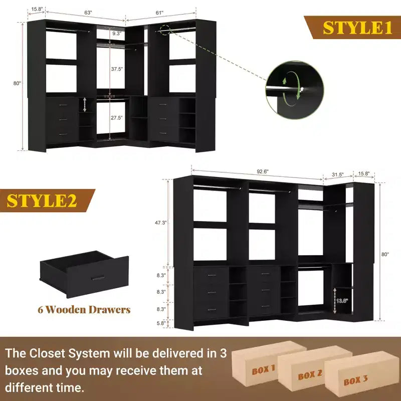 Besiost Ensemble de système de rangement pour placard de 92 pouces avec tiroirs en bois, organisateur de placard d'angle avec tringles de suspension
