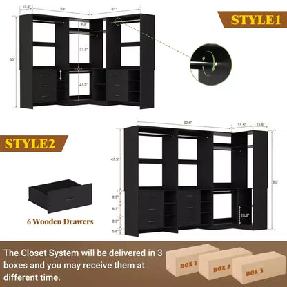 Besiost Ensemble de système de rangement pour placard de 92 pouces avec tiroirs en bois, organisateur de placard d'angle avec tringles de suspension