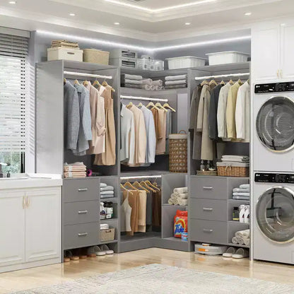 Besiost Ensemble de système de rangement pour placard de 92 pouces avec tiroirs en bois, organisateur de placard d'angle avec tringles de suspension