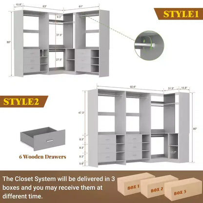 Besiost Ensemble de système de rangement pour placard de 92 pouces avec tiroirs en bois, organisateur de placard d'angle avec tringles de suspension