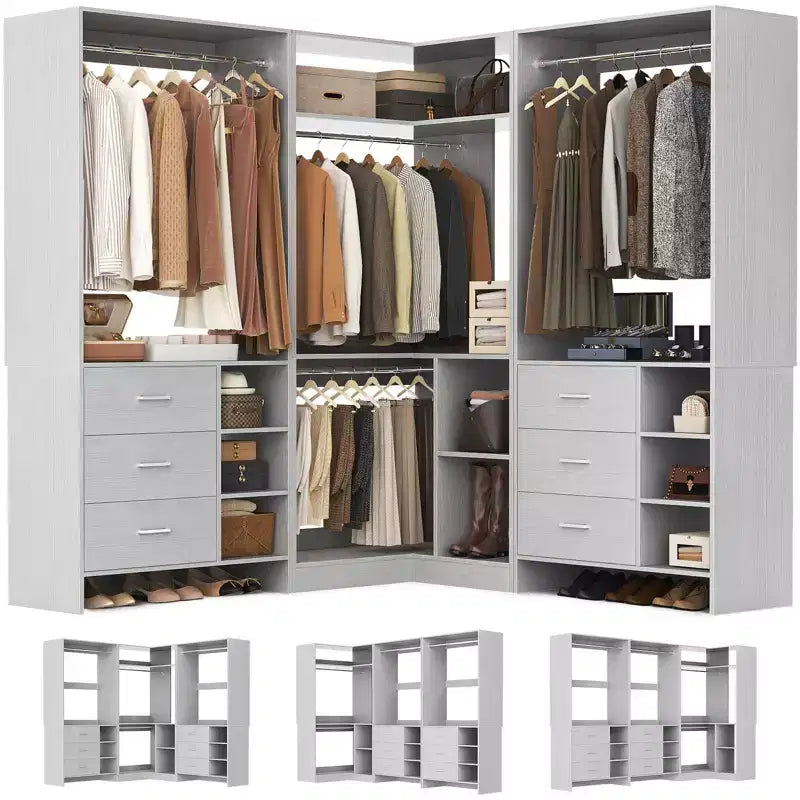 Besiost Ensemble de système de rangement pour placard de 92 pouces avec tiroirs en bois, organisateur de placard d'angle avec tringles de suspension