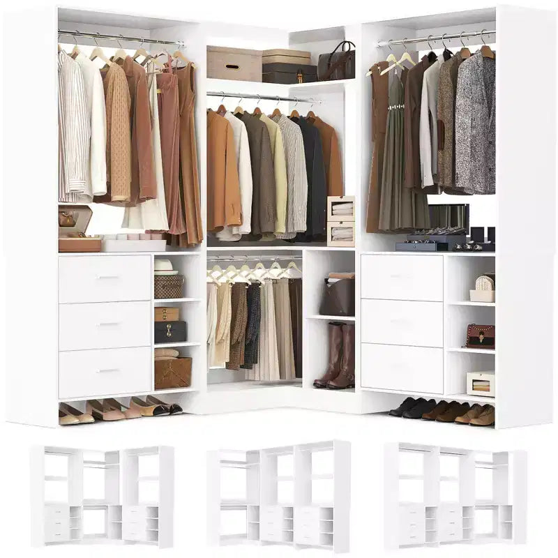Besiost Ensemble de système de rangement pour placard de 92 pouces avec tiroirs en bois, organisateur de placard d'angle avec tringles de suspension