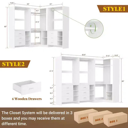 Besiost Ensemble de système de rangement pour placard de 92 pouces avec tiroirs en bois, organisateur de placard d'angle avec tringles de suspension