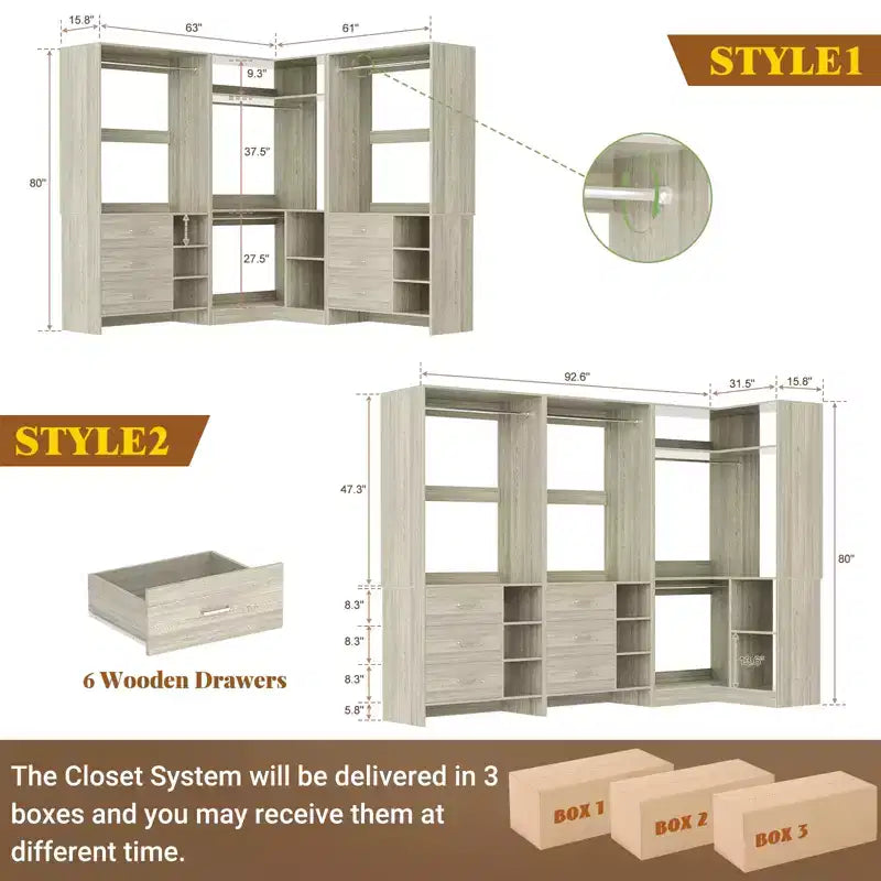 Besiost Ensemble de système de rangement pour placard de 92 pouces avec tiroirs en bois, organisateur de placard d'angle avec tringles de suspension
