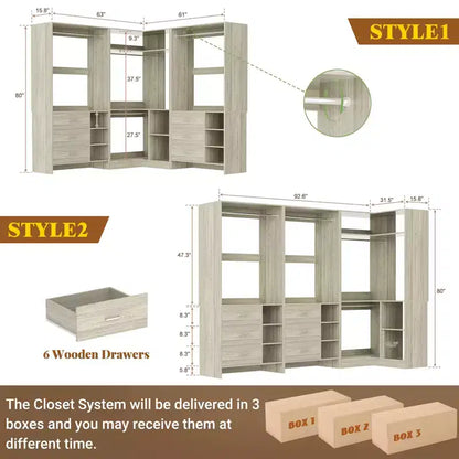 Besiost Ensemble de système de rangement pour placard de 92 pouces avec tiroirs en bois, organisateur de placard d'angle avec tringles de suspension