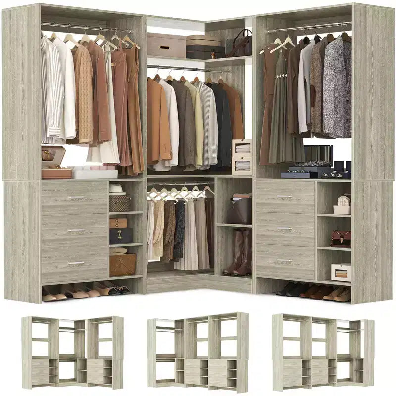 Besiost Ensemble de système de rangement pour placard de 92 pouces avec tiroirs en bois, organisateur de placard d'angle avec tringles de suspension