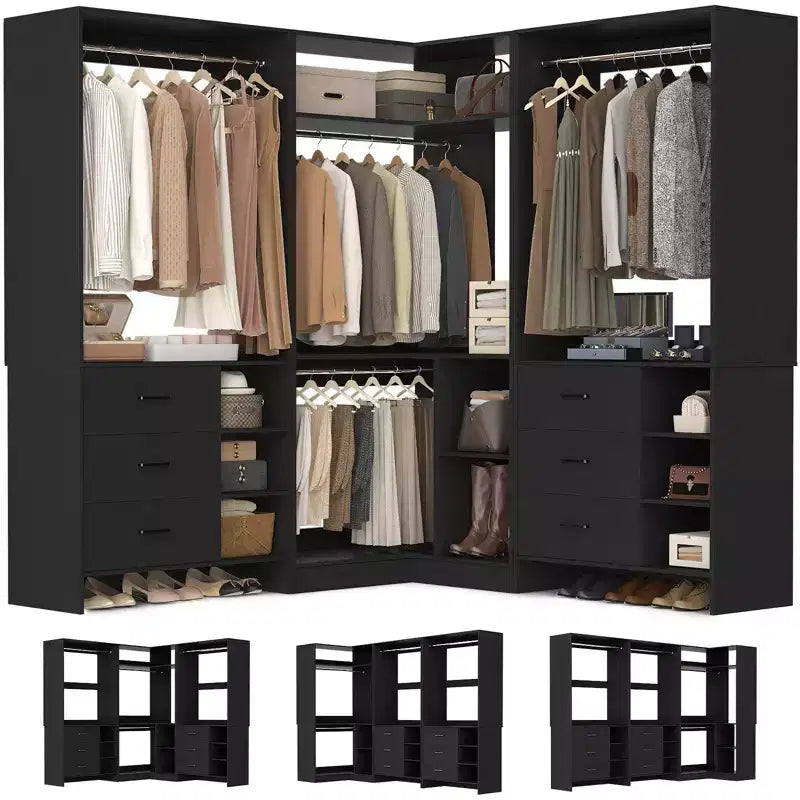 Besiost Ensemble de système de rangement pour placard de 92 pouces avec tiroirs en bois, organisateur de placard d'angle avec tringles de suspension
