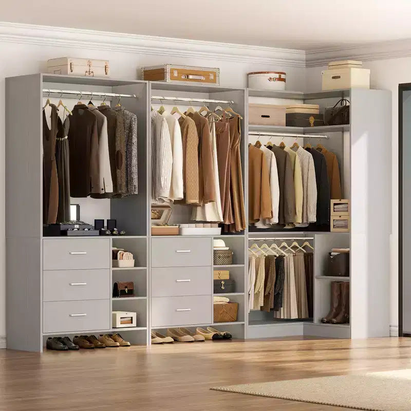 Besiost Ensemble de système de rangement pour placard de 92 pouces avec tiroirs en bois, organisateur de placard d'angle avec tringles de suspension