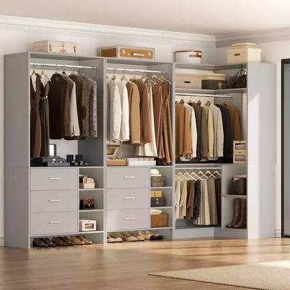 Besiost Ensemble de système de rangement pour placard de 92 pouces avec tiroirs en bois, organisateur de placard d'angle avec tringles de suspension