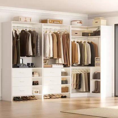 Besiost Ensemble de système de rangement pour placard de 92 pouces avec tiroirs en bois, organisateur de placard d'angle avec tringles de suspension