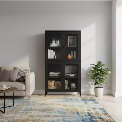 Homy Casa Armoire de rangement classique en métal avec 4 portes vitrées, acier noir