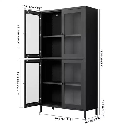 Homy Casa Armoire de rangement classique en métal avec 4 portes vitrées, acier noir